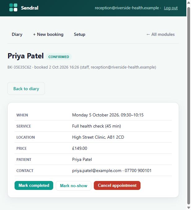 Appointment details with status actions