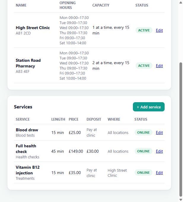 Services list with lengths, prices and deposits