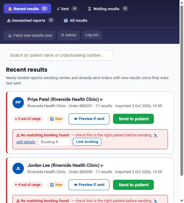 Staff dashboard listing new lab reports awaiting review